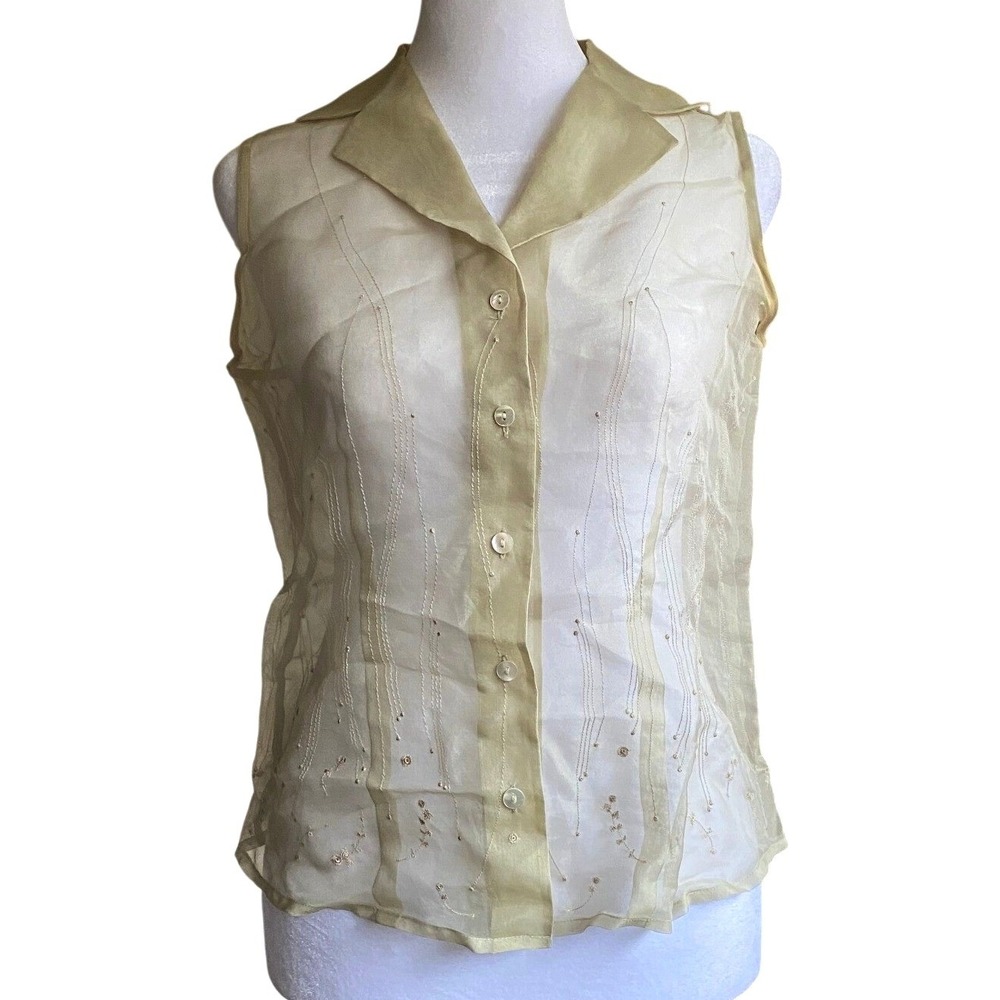 Vintage 1990s 100% Silk Sheer Embroidered Tan Blouse Small Fairy Y2K Ethereal
